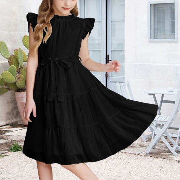 XIMIN Tween Girls Summer Casual Elegant O Neck Daily Dress Cap Sleeve Solid Color Dress Formal Ruffle Sleeve A Line Dresses with Belt High Waist Swing Party Dress