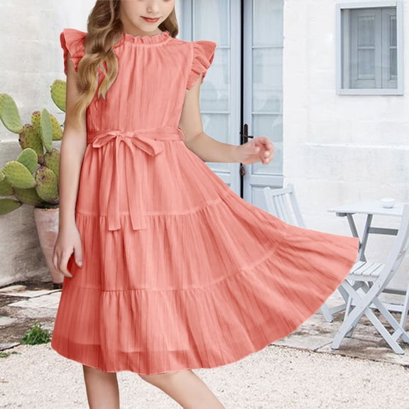 XIMIN Tween Girls Summer Casual Elegant O Neck Daily Dress Cap Sleeve Solid Color Dress Formal Ruffle Sleeve A Line Dresses with Belt High Waist Swing Party Dress
