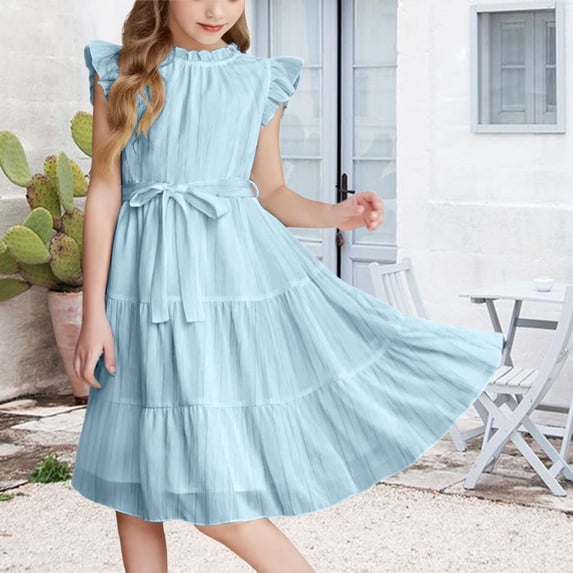 XIMIN Tween Girls Summer Casual Elegant O Neck Daily Dress Cap Sleeve Solid Color Dress Formal Ruffle Sleeve A Line Dresses with Belt High Waist Swing Party Dress
