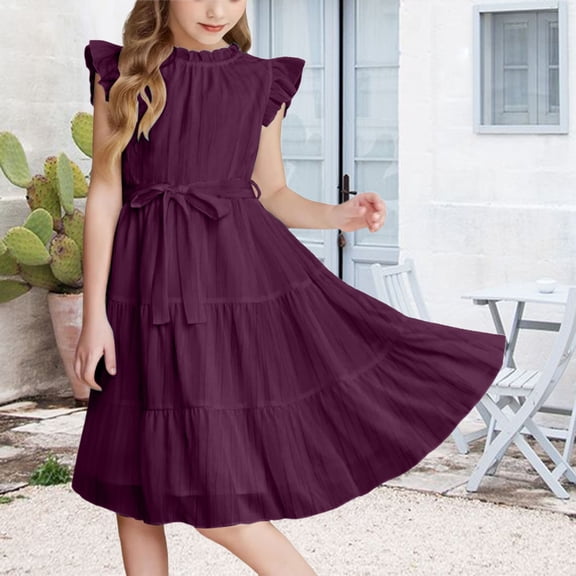 XIMIN Tween Girls Summer Casual Elegant O Neck Daily Dress Cap Sleeve Solid Color Dress Formal Ruffle Sleeve A Line Dresses with Belt High Waist Swing Party Dress