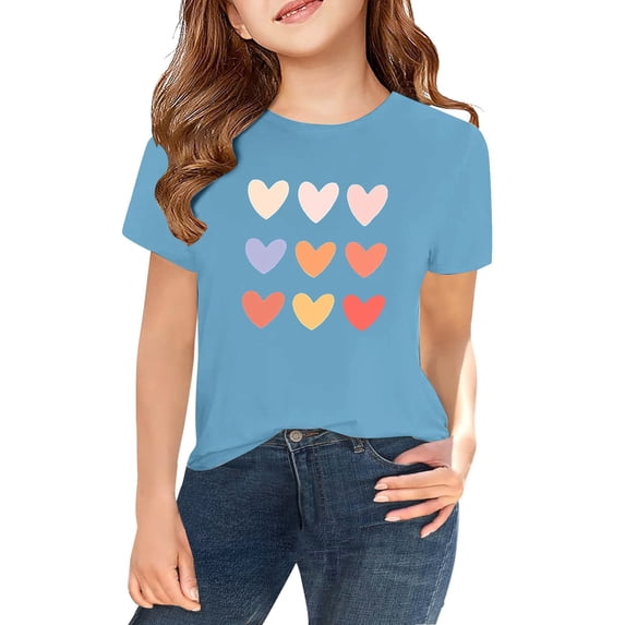 XIMIN Valentines Day Shirt for Girls Cute Love Heart Print Red Short Sleeve T-Shirt Casual Tops Holiday Gift Blouse