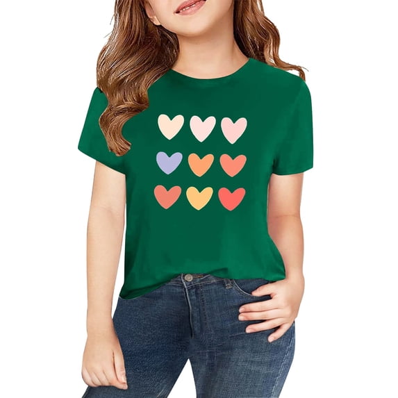 XIMIN Valentines Day Shirt for Girls Cute Love Heart Print Red Short Sleeve T-Shirt Casual Tops Holiday Gift Blouse