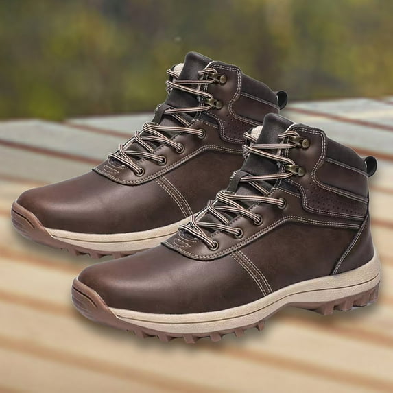 XIMIN Vintage Leather Ankle Boots for Men Waterproof Snow Hiking Boots Proof Insulated Non Slip Boots Thickened Warm Fleece Hiking Boot with Support (12, BW4)