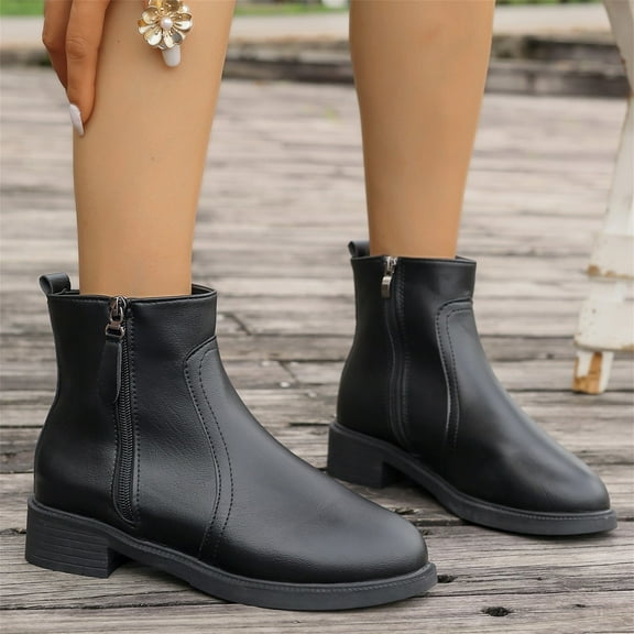 XIMIN Women Ankle Boots Genuine Leather Low Heel Dress Chelsea Boots with Side Zipper Pointed Toe Block Heel Casual Concise Casual Waterproof Boots Outdoor Warm Boots