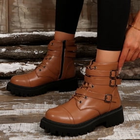XIMIN Women Chunky Bottom Ankle Boots Side Zipper Strap Goth Boots Waterproof Low Heel Rubber Sole Non-Slip Casual Walking Shoes Lace Up Steampunk Riding Boots