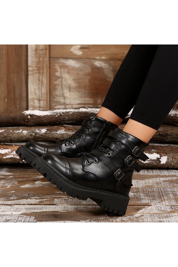 Women Chunky Bottom Ankle Boots Side Zipper Strap Goth Boots Waterproof Low Heel Rubber Sole Non-Slip Casual Walking Shoes Lace Up Steampunk Riding Boots
