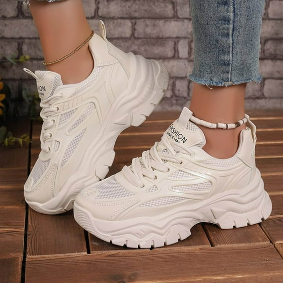 XIMIN Women Chunky Mesh Sneakers Thick Sole PU Leather Platform Sneakers Shoes Jogging Walking Shoes Fashion Casual Lace-up Walking Shoes with Anti-Slip Sole