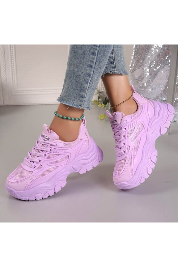 Women Chunky Mesh Sneakers Thick Sole PU Leather Platform Sneakers Shoes Jogging Walking Shoes Fashion Casual Lace-up Walking Shoes with Anti-Slip Sole