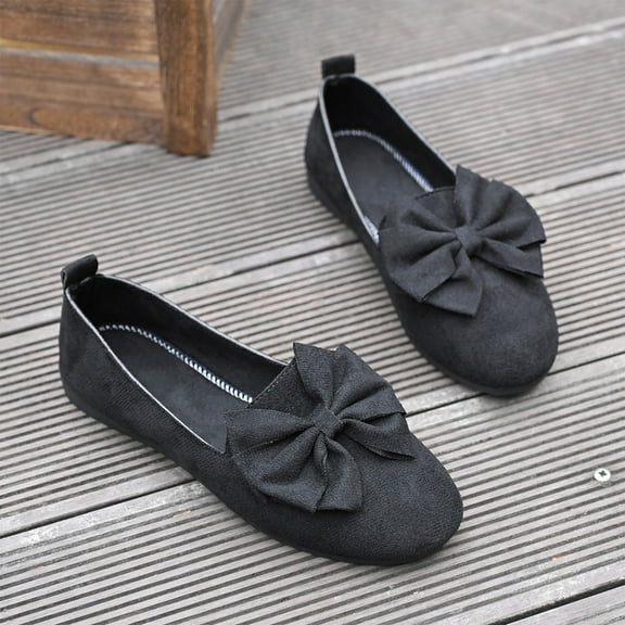 XIMIN Women Classic Solid Bowknot Round Toe Ballet Flats Comfort Casual Flats Lightweight Slip on Loafers Suede Dress Shoes Party Wedding Footwear (9, Black)