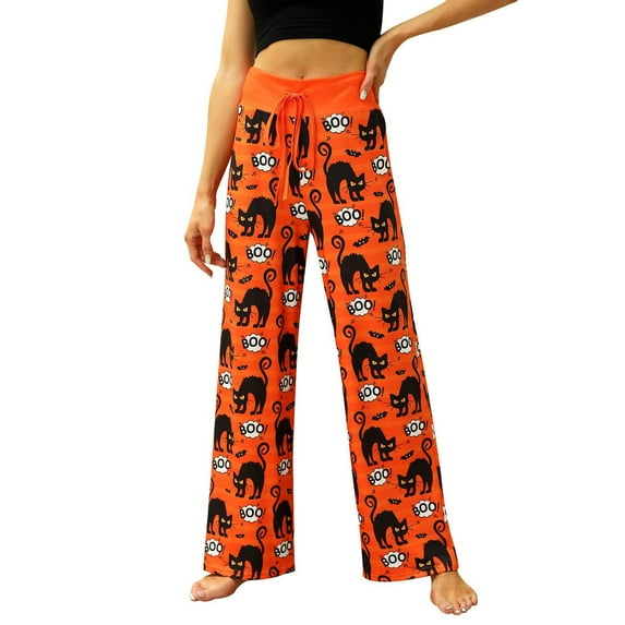 XIMIN Women Yoga Trousers Halloween Pajamas Pumpkin Print Pajamas Cute and Fun Women's Pajamas Casual Drawstring Pants(Orange,XL)