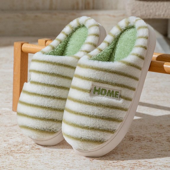XIMIN Women Cotton Striped Slippers Plush Slip On Warm Pluffy Bedroom Shoes Thermal Fleece-Lined House Shoes Non-Slip Sole Indoor Outdoor Slides Home Slippers