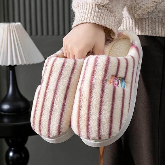 XIMIN Women Cotton Striped Winter Slippers Plush Lined Cozy Plush Slip On Warm Pluffy House Shoes with Non-Slip Sole Indoor Outdoor Slippers for Cold Weather