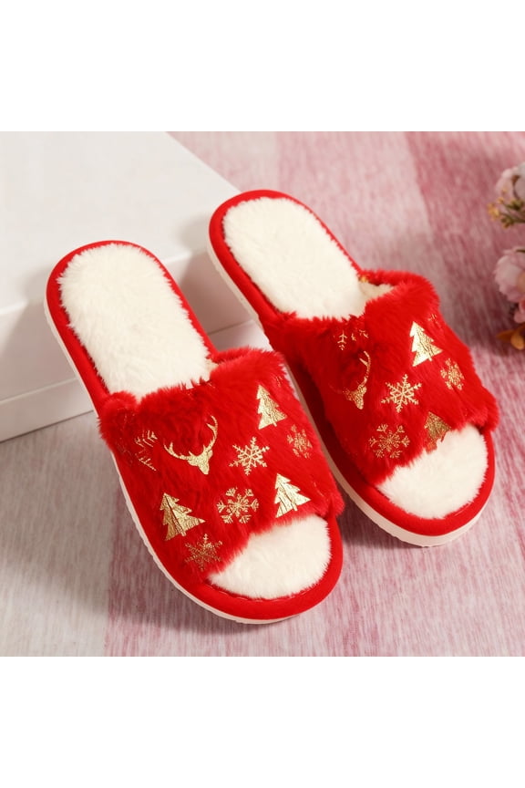 Women Cute Christmas Slippers Reindeer Snowflake Xmas Tree Cozy Fuzzy Fluffy Slippers Holiday House Shoes Open Toe Memory Foam Indoor & Outdoor Slides