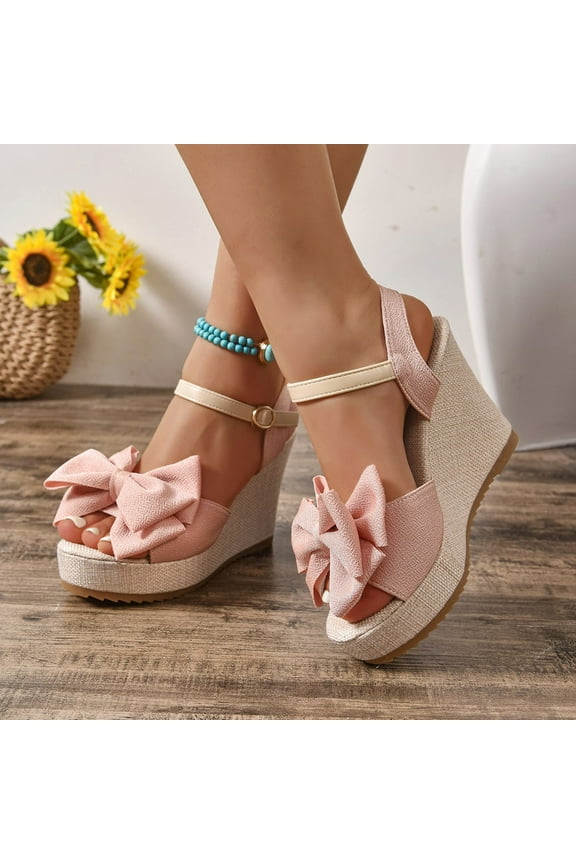 Women Espadrilles Canvas Buckle Wedge Flowear Sandals Bow Platform Wedges Heels Open Toe Ankle Strap Summer Beach Vacation Wedding Wedges Footwear