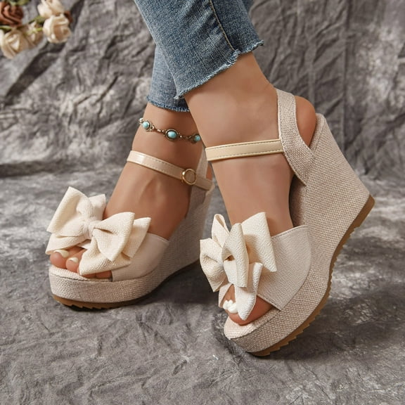 XIMIN Women Espadrilles Canvas Buckle Wedge Flowear Sandals Bow Platform Wedges Heels Open Toe Ankle Strap Summer Beach Vacation Wedding Wedges Footwear