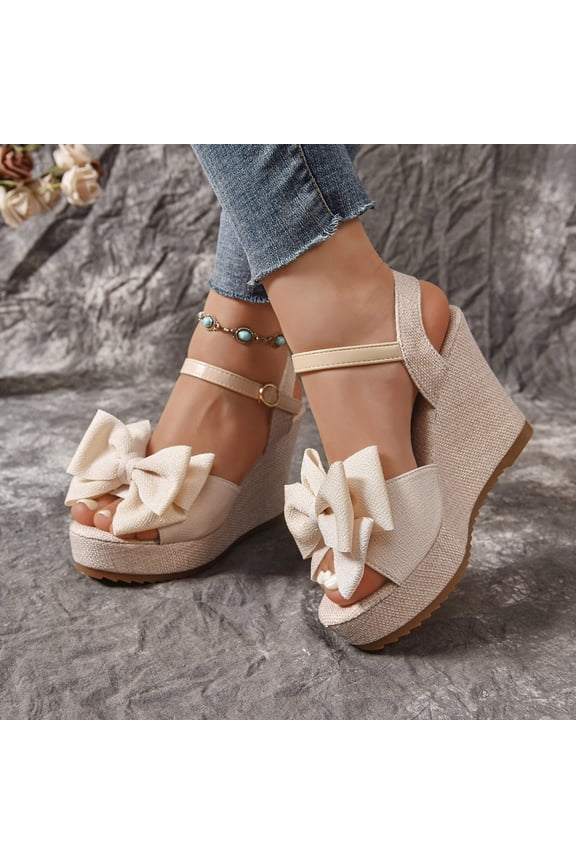 Women Espadrilles Canvas Buckle Wedge Flowear Sandals Bow Platform Wedges Heels Open Toe Ankle Strap Summer Beach Vacation Wedding Wedges Footwear