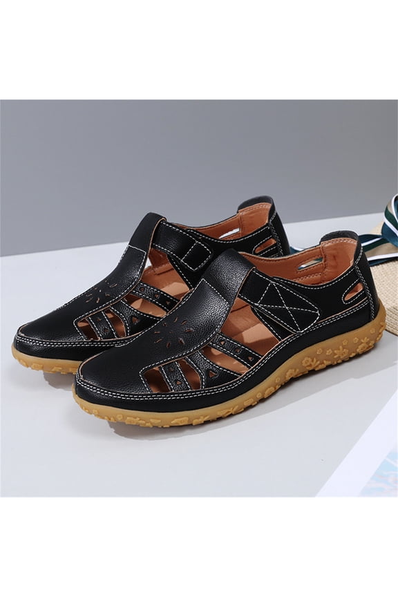 Women Flat Sandals Closed Toe Dressy Summer Orthopedic Sandals Arch Support Breathable Hollow Out Flat Shoes Wide Width Fisherman Sandal (7.5, Black)