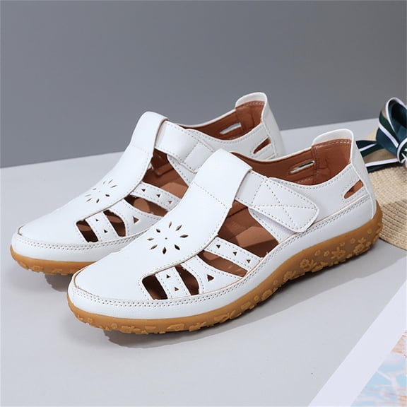 XIMIN Women Flat Sandals Closed Toe Dressy Summer Orthopedic Sandals Arch Support Breathable Hollow Out Flat Shoes Wide Width Fisherman Sandal (8, White)