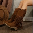thumbnail image 1 of XIMIN Women Fringe Cowgirl Boots Knee High Boots Embroidered Cowboy Boots Stud Square Toe Mid Calf Western Boots with Chunky Heel Comfort Tall Western Boots, 1 of 6
