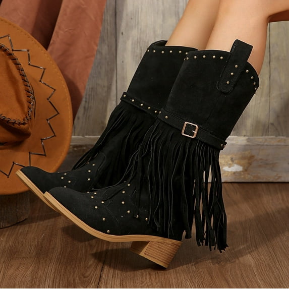 XIMIN Women Fringe Cowgirl Boots Knee High Boots Embroidered Cowboy Boots Stud Square Toe Mid Calf Western Boots with Chunky Heel Comfort Tall Western Boots