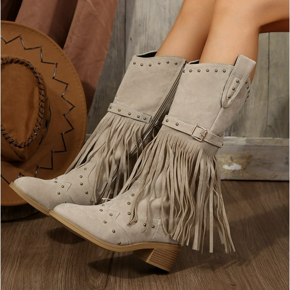 XIMIN Women Fringe Cowgirl Boots Knee High Boots Embroidered Cowboy Boots Stud Square Toe Mid Calf Western Boots with Chunky Heel Comfort Tall Western Boots