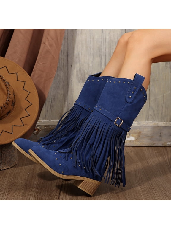 Women Fringe Cowgirl Boots Knee High Boots Embroidered Cowboy Boots Stud Square Toe Mid Calf Western Boots with Chunky Heel Comfort Tall Western Boots