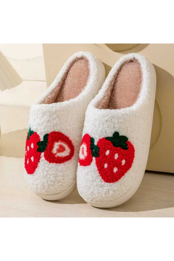 Women Fun Cute Trendy Colorful Cartoon Illustrated Cozy Fluffy Plush Fur Slip On House Slippers Fuzzy Fruit Series Strawberry Memory Foam Slippers Bedroom Shoes