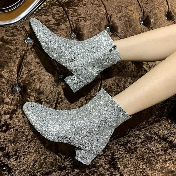 XIMIN Women Glitter Sparkly Booties Chunky Heels Ankle Boot with Side Zipper Low Heel Casual Block Heeled Short Boots Non Slip Wedding Dress Boots