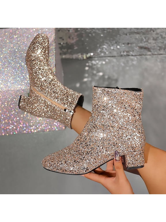 Women Glitter Sparkly Booties Chunky Heels Ankle Boot with Side Zipper Low Heel Casual Block Heeled Short Boots Non Slip Wedding Dress Boots