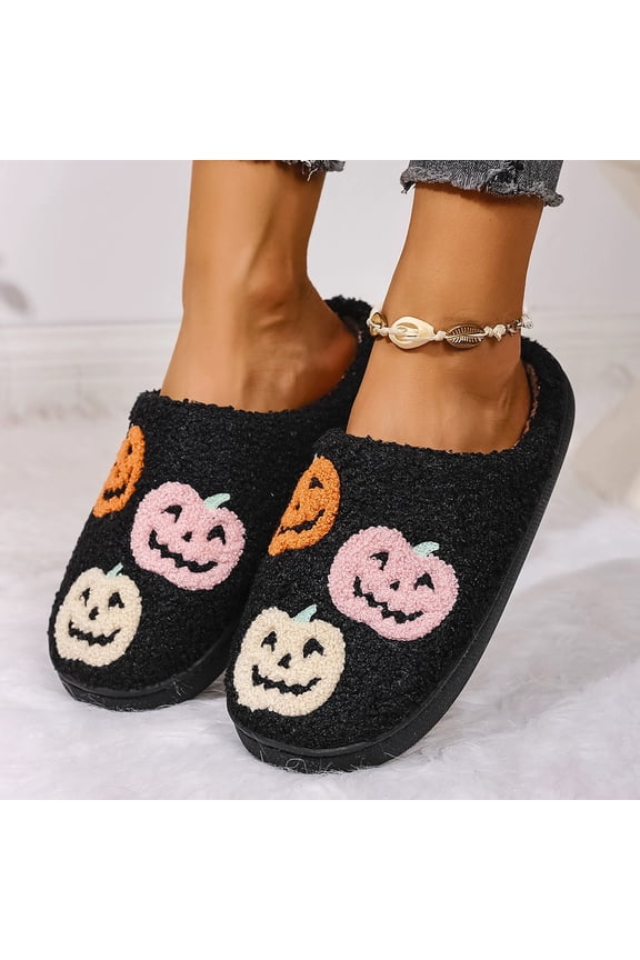 Women Halloween Slippers Funny Ghost Face Spooky Retro Cute Slippers Comfy Plush Fluffy Warm Fur Lined House Sandals Lightweight Fuzzy Slip-on Bedroom Outdoor Warm Shoes