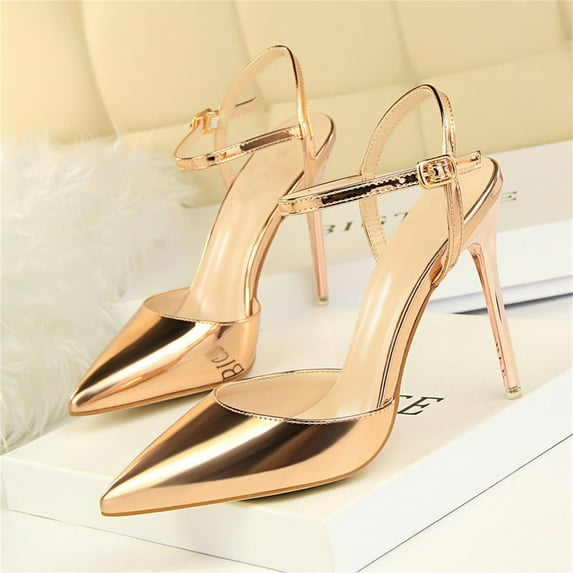 XIMIN Women High Heeled Sandal Sexy Pointed Toe High Heel Slingback Pumps Sandals Cutout Strappy Stiletto Slip on Formal Casual Shoes Party Wedding (7.5, Rose Gold)