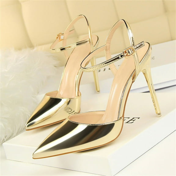 XIMIN Women High Heeled Sandal Sexy Pointed Toe High Heel Slingback Pumps Sandals Cutout Strappy Stiletto Slip on Formal Casual Shoes Party Wedding (7, Gold)