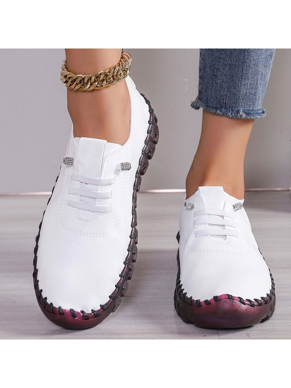 Women Leather Soft Bottom Beef Tendon Loafers Slip-on Orthopedic Shoes Walking Arch Support Sneakers Low Top Lightweight Breathable Running Shoes Comfortable Sneakers