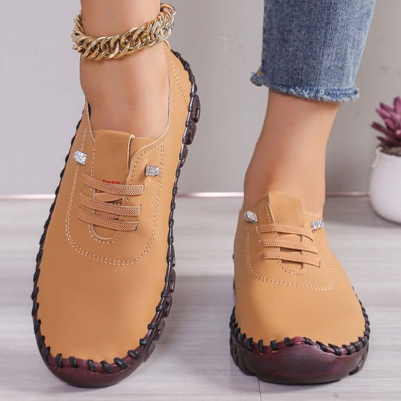 XIMIN Women Leather Soft Bottom Beef Tendon Loafers Slip-on Orthopedic Shoes Walking Arch Support Sneakers Low Top Lightweight Breathable Running Shoes Comfortable Sneakers