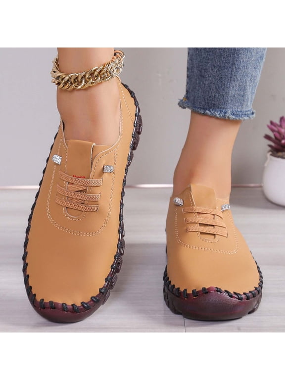 Women Leather Soft Bottom Beef Tendon Loafers Slip-on Orthopedic Shoes Walking Arch Support Sneakers Low Top Lightweight Breathable Running Shoes Comfortable Sneakers