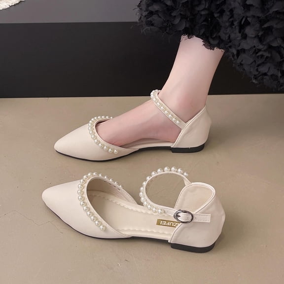 XIMIN Women Lovely Pearls Pointed Toe Rhinestone Bow Flats Light Weight Suede Dress Shoes Ankle Strap Comfortable Slip On Sandals Buckled Party Date Casual Leisure Shoes