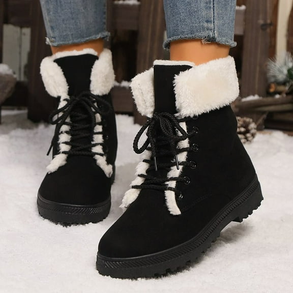 XIMIN Women Low Heel Suede Cotton Faux Furry Lined Shoes Lace Up Comfortable Non Slip Ankle Platform Boots Outdoor Casual Winter Snow Warm Boots