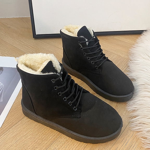 XIMIN Women Low Heel Suede Leather Lace Up Boots Snow Boots Faux Furry Lined Ankle Booties Casual Slip on Fall Winter Short Boots Side Zipper Wide Width Boots