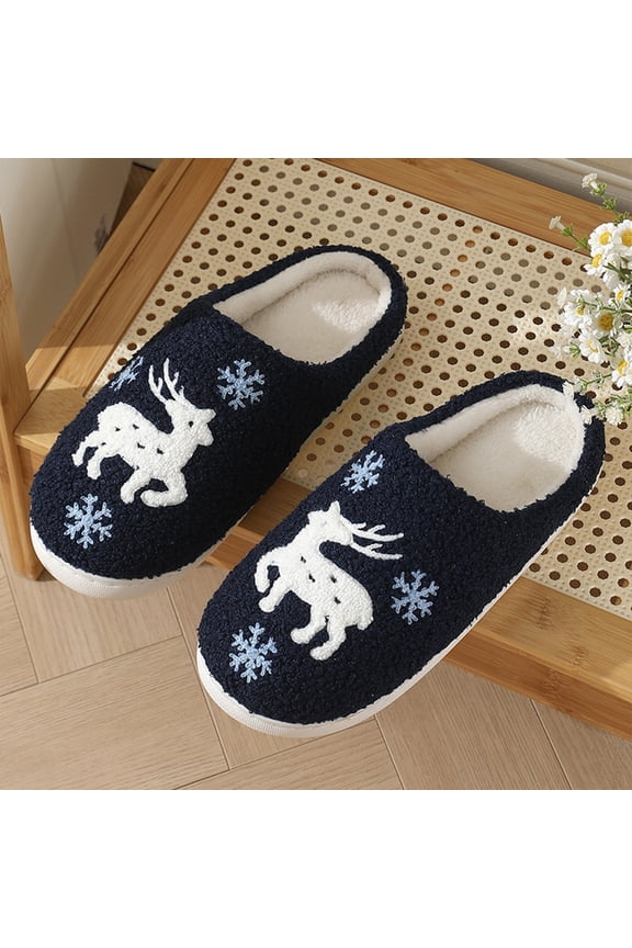 Women & Men Fluffy Plush Cute Elk Snowflake Embroidery Slippers Close Toe House Shoes Soft Non-Slip Indoor Bedroom Slides Christmas Gifts