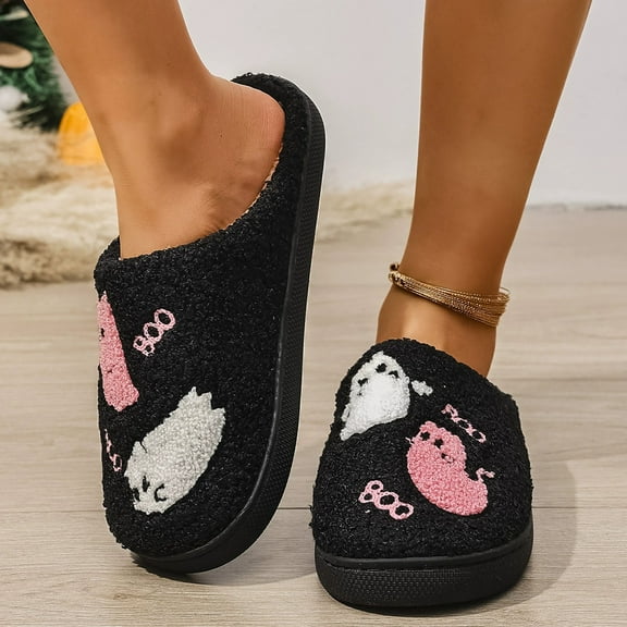 XIMIN Women and Men Halloween Pumkin Slippers Funny Ghost Face Spooky Slides Outdoor and Indoor Slippers Cute Cotton Fuzzy Winter House Slippers Holiday Shoes