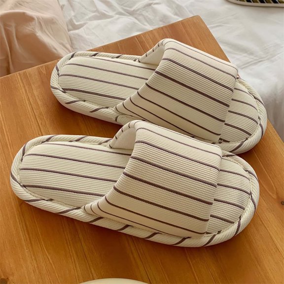 XIMIN Women Men Stripe Slipper Open Toe Casual Flat Slide Cotton and Linen Soft-Soled Home Shoes Lightweight Absorb Sweat Sandal Lounging Anti-Slip Shoes