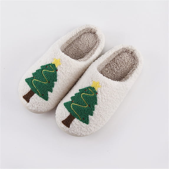 XIMIN Women Men Xmas Tree Embroidery Halloween Slippers Memory Foam Cozy Plush Slippers House Bedroom Warm Fuzzy Slippers Couple Indoor Hous Slippers