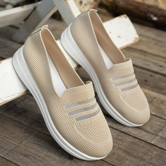 XIMIN Women Orthopedic Arch Support Woven Mesh Breathable Soft Sneakers Slip On Wide Diabético Footwear Standing All Day Comfortable Summer Shoes (7, Beige)