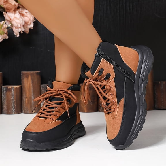 XIMIN Women Platform High Top Leather High Top Waterproof Industry Construction Sneakers Comfortable Lace Up Casual Fashion Athletic Shoes Everyday Wear