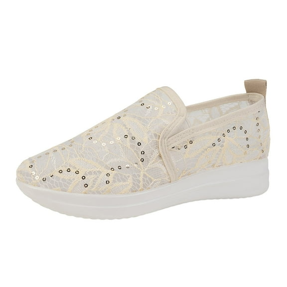 XIMIN Women Platform Wedge Sneakers Fashion Embroidery Floral Mesh Air Chunky Sole Slip On Loafers Breathable Walking Work Shoes with Arch Support (8, Gold)