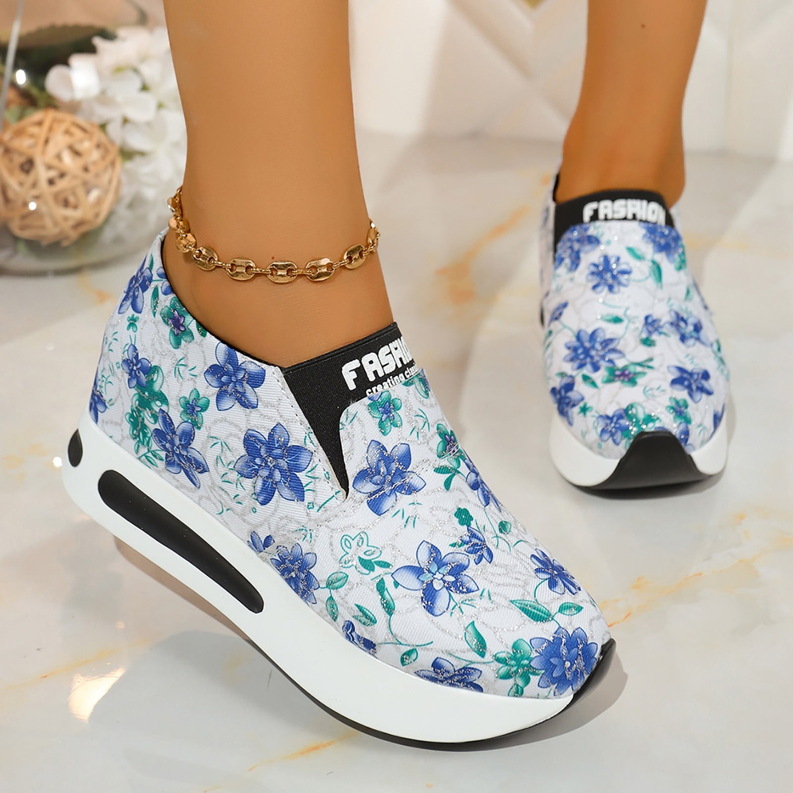 XIMIN Women Snakeskin Platform Slip On Floral Printed Sneakers with Chunky  Sole Round Toe Classic Wedge Heel Comfortable Breathable Work Casual Shoes 