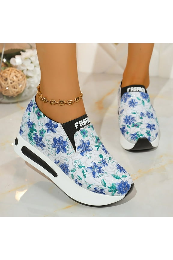 Women Snakeskin Platform Slip On Floral Printed Sneakers with Chunky Sole Round Toe Classic Wedge Heel Comfortable Breathable Work Casual Shoes Loafers Sneaker
