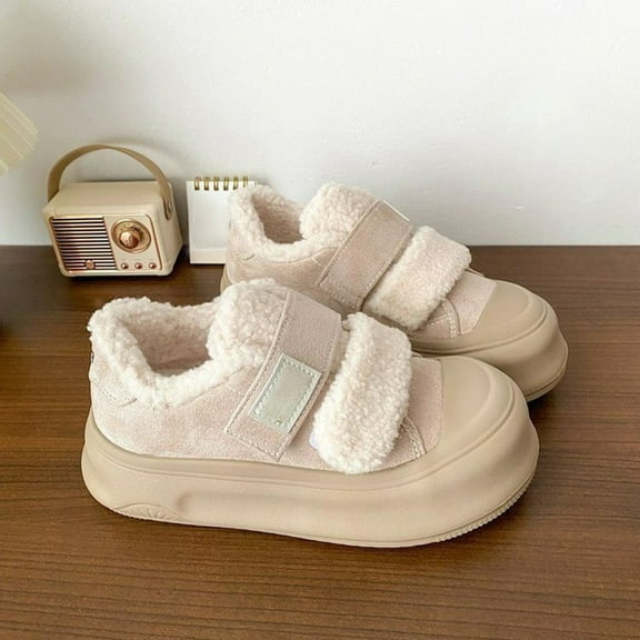XIMIN Women Snow Sneakers Round Toe Thick Bottom Ankle Shoes Suede Platform Sneakers Warm Faux Fur Lined Fashion Sneakers Slip-on Comfortable Winter Flat Shoes