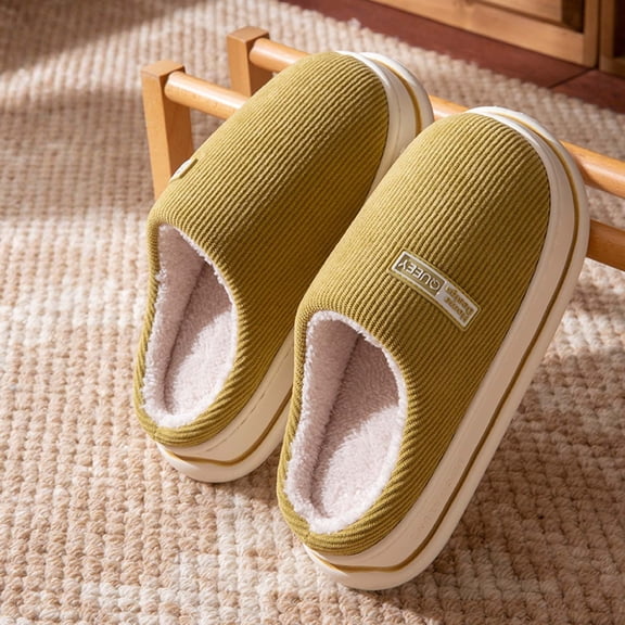 XIMIN Women Thick Sole Plush Striped Cotton Slippers Warm Memory Foam Comfy House Slippers with Anti-Skid Rubber Sole for Indoor and Outdoor,Autumn and Winter