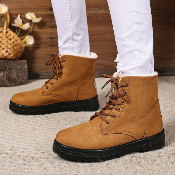 XIMIN Women Warm Fur Lined Ankle Boots Comfortable Suede Lace Up Booties Comfortable Non Slip Ankle Platform Boots Cute Flat Shoes Winter Snow Boots